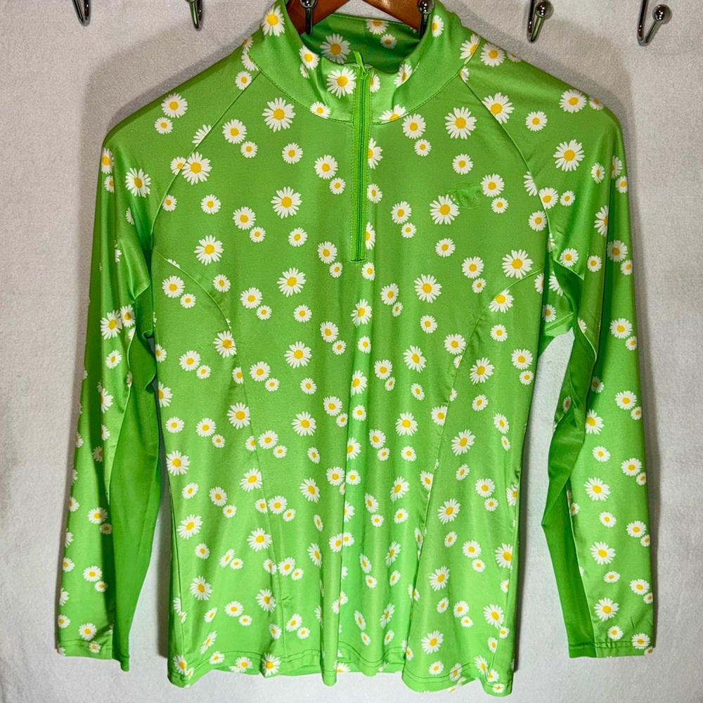 NWT Piper by SmartPak SmartCore Long Sleeve 1/4 Zip Sun Shirt-Green Daisy Size M